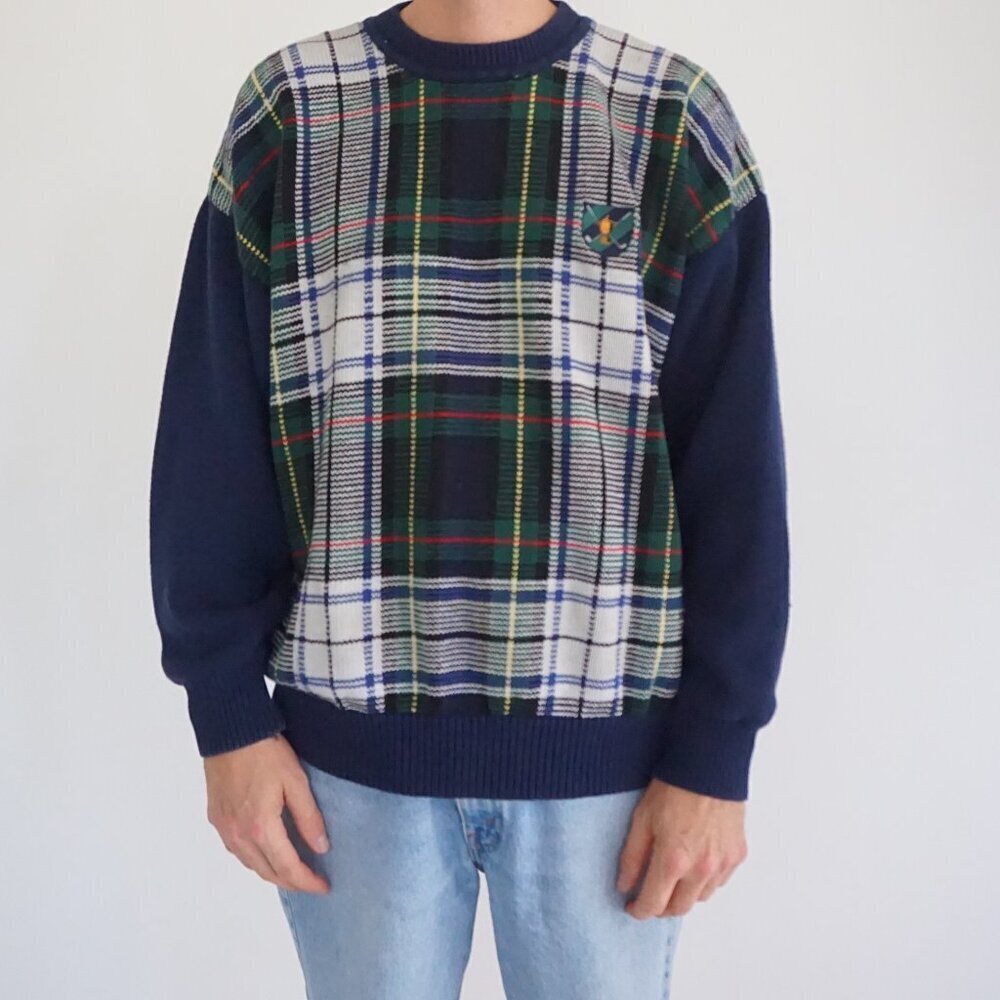 John Ashford Golf Navy Green Cotton Tartan Plaid Retro Sweater Size XL